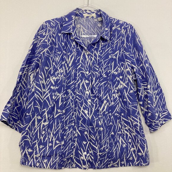 Liz Claiborne size Large Purple White Abstract 100% Linen 3/4 Sleeve Button Down - Picture 1 of 11